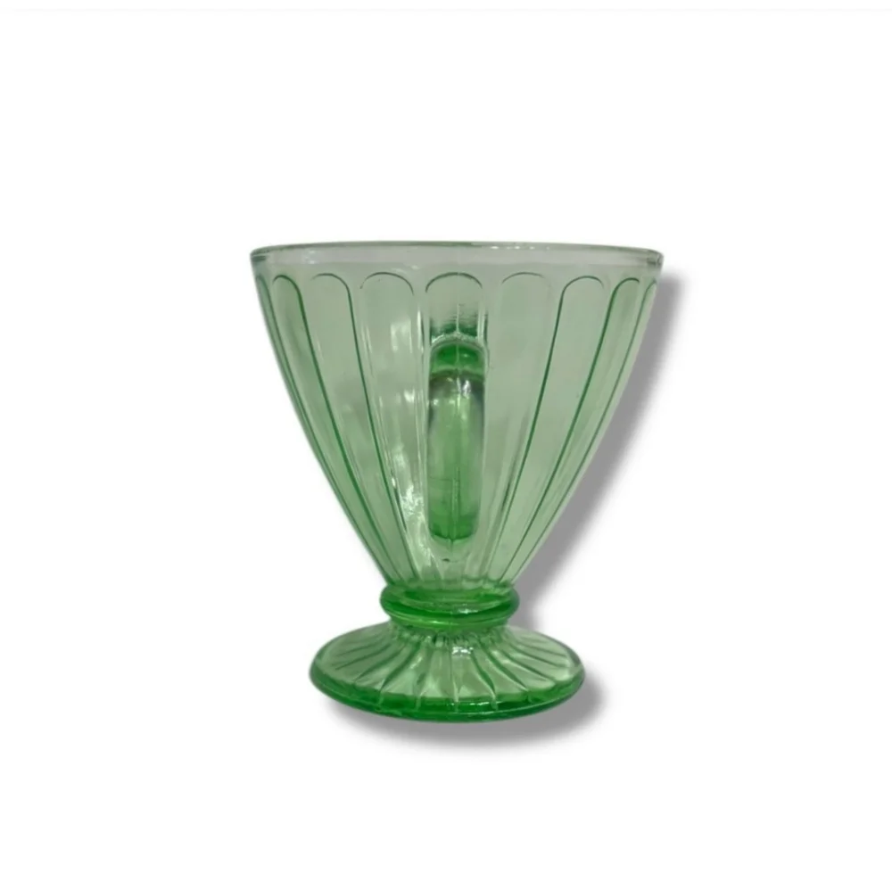 HAZEL ATLAS Green Vaseline Uranium Glass Double Handle Sugar Dish Ribbon Design